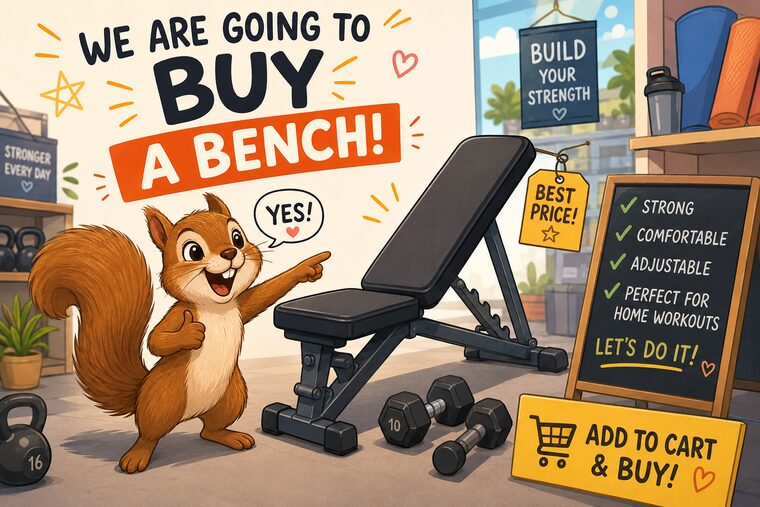 A cartoon squirrel in a sports shop points proudly at an adjustable weights bench, under a banner reading “We are going to buy a bench!”