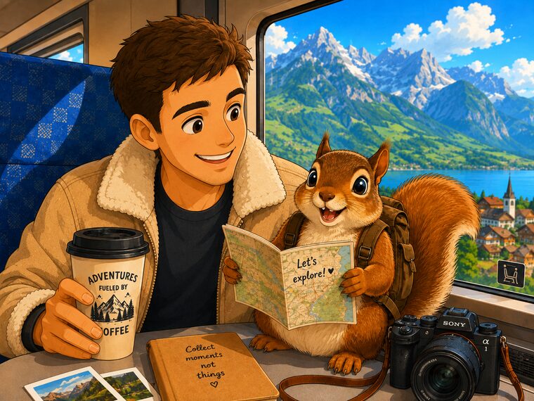 A traveller on a train smiles at a red squirrel wearing a rucksack, who holds open a map reading “Let's explore!”. A coffee cup marked “Adventures fuelled by coffee” sits on the table, with snowy mountains and a lake through the window.