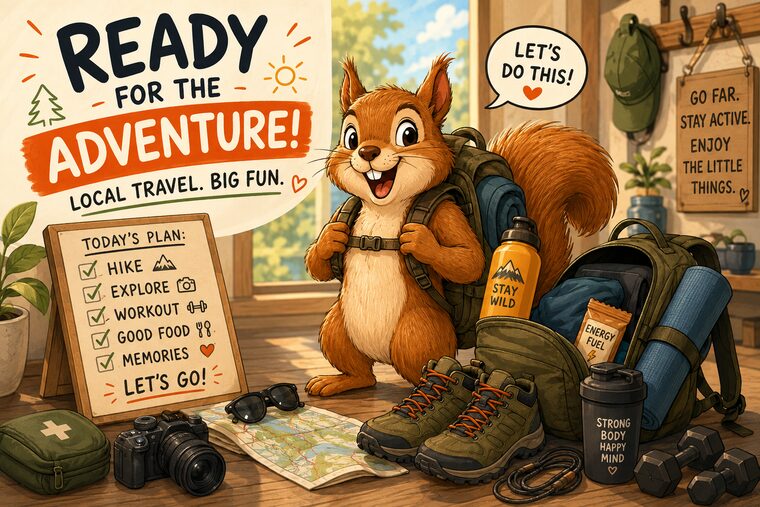 The squirrel, packed and grinning, ready to set off